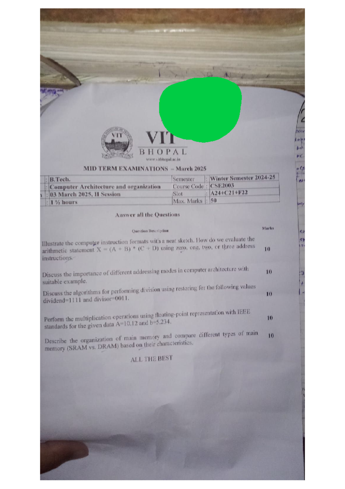 CSE2003 Midterm Exam Paper - Computer Architecture & Organization - Studocu