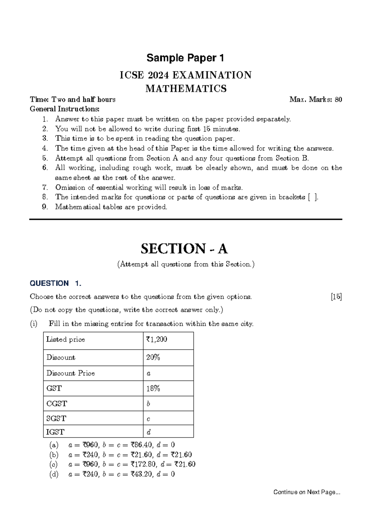 Maths ICSE Sample Papers - Sample Paper 1 ICSE 2024 EXAMINATION ...