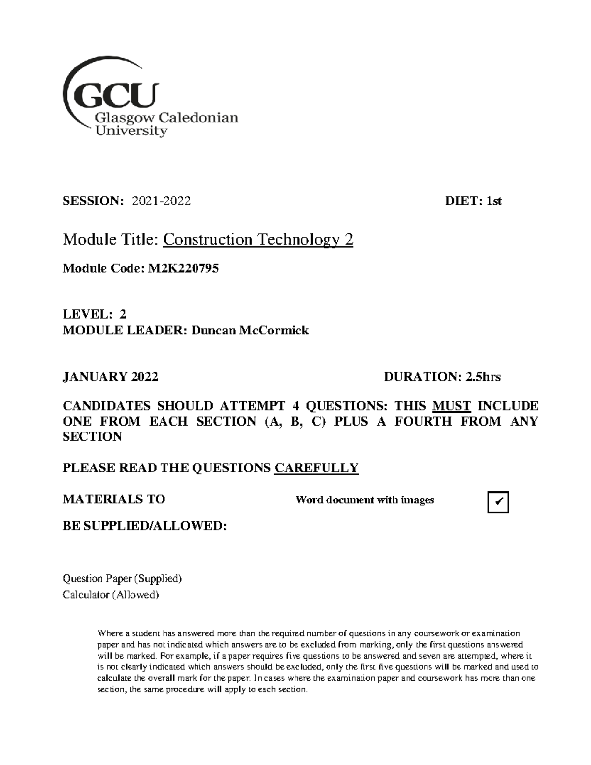 Construction Technology 2 Exam Paper (M2K220795) - 1st Diet - Studocu