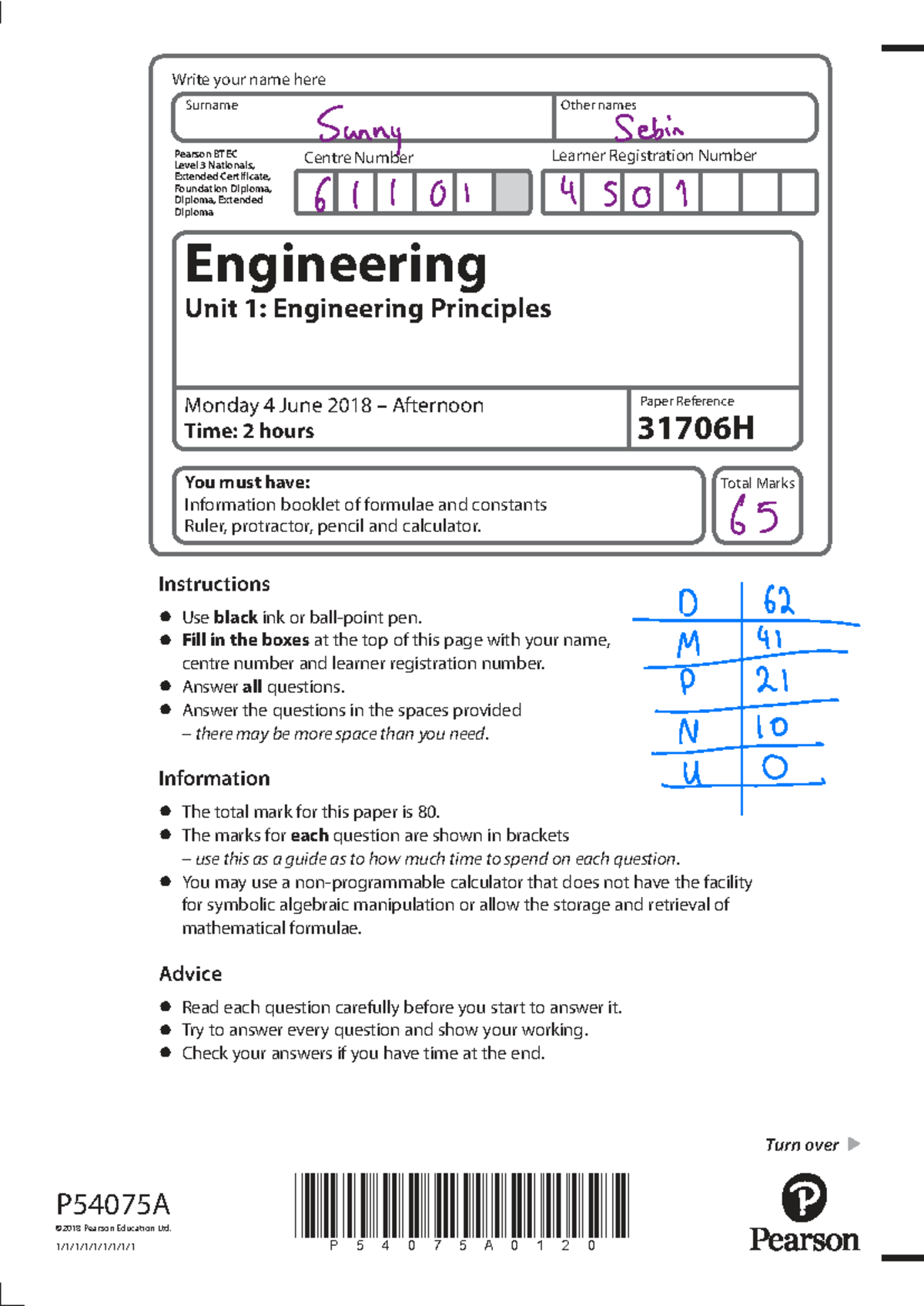 Engineering Principles Exam Paper 31706H - June 2018 - Studocu