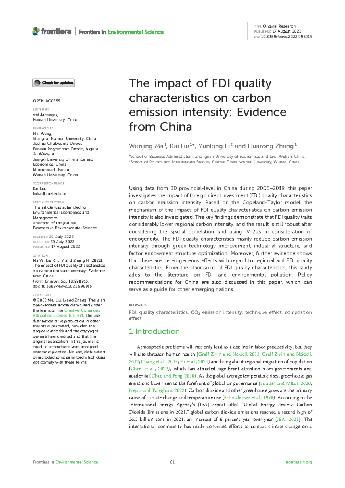 The Impact of FDI Quality on Carbon Emission Intensity in China ...