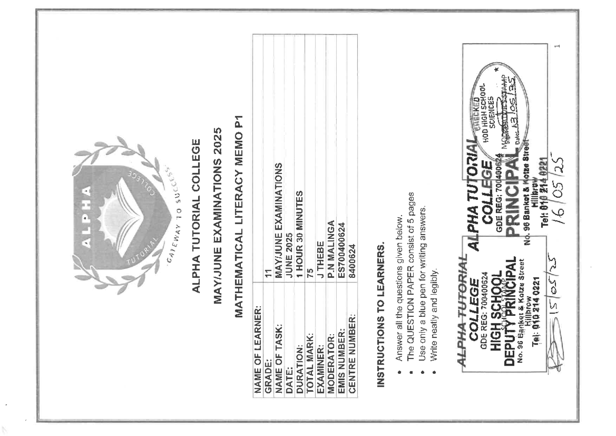 Grade 11 Mathematical Literacy P1 June Exam Memo 2025 - Studocu