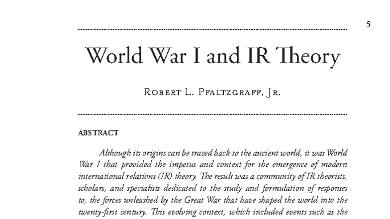 World War I's Impact on International Relations Theory (IR 101) - Studocu