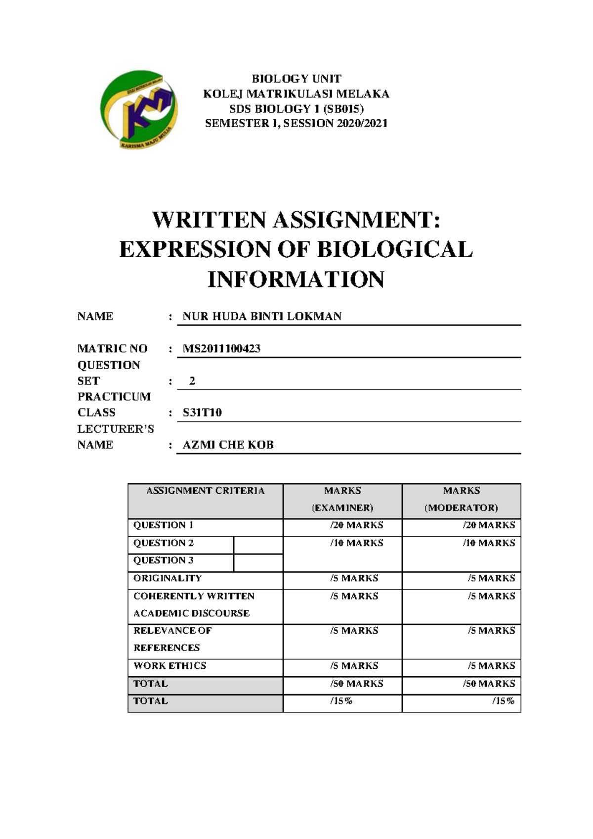 Biology Assignment Semester 1 Studocu