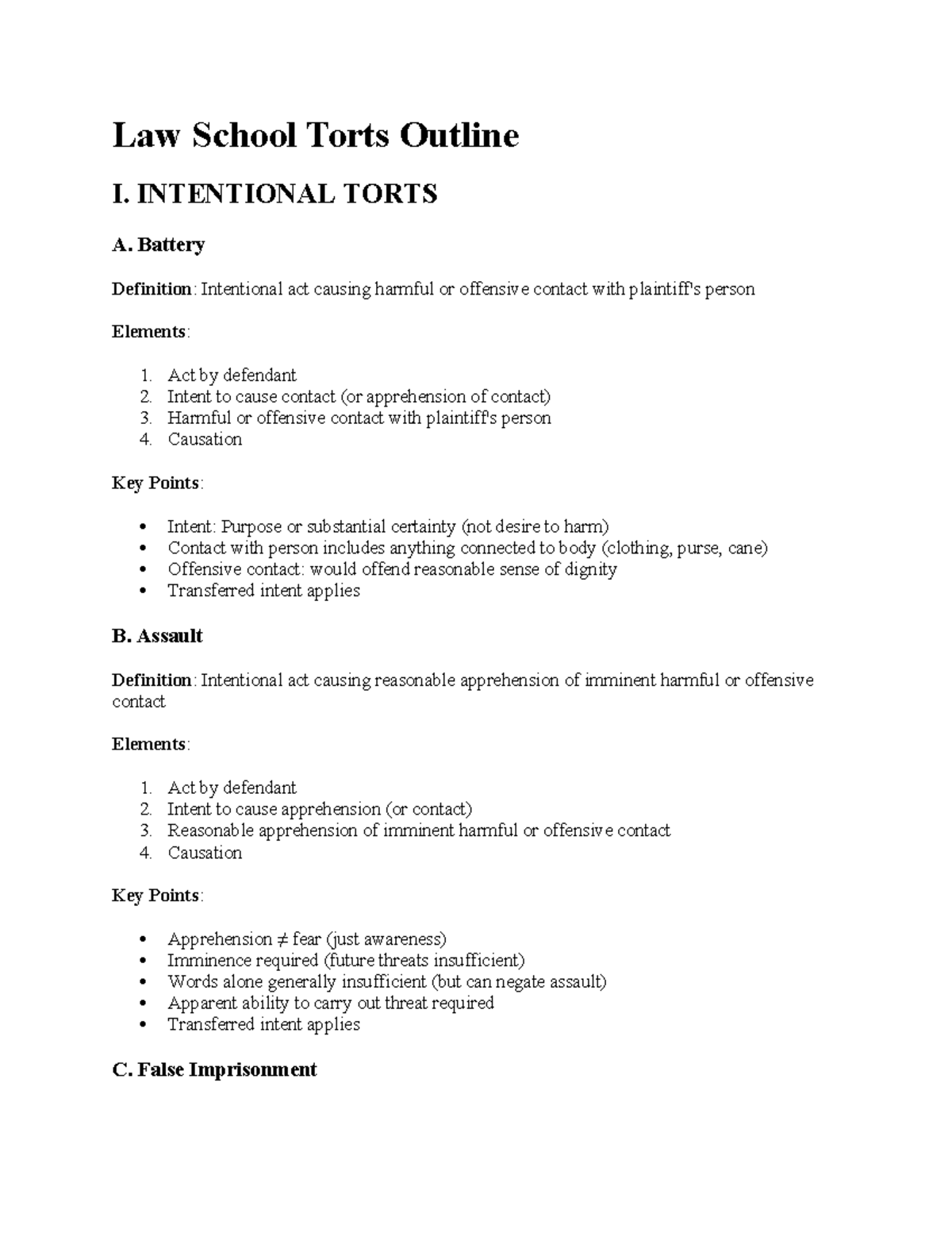 Law 101: Comprehensive Torts Outline for Final Exam - Studocu