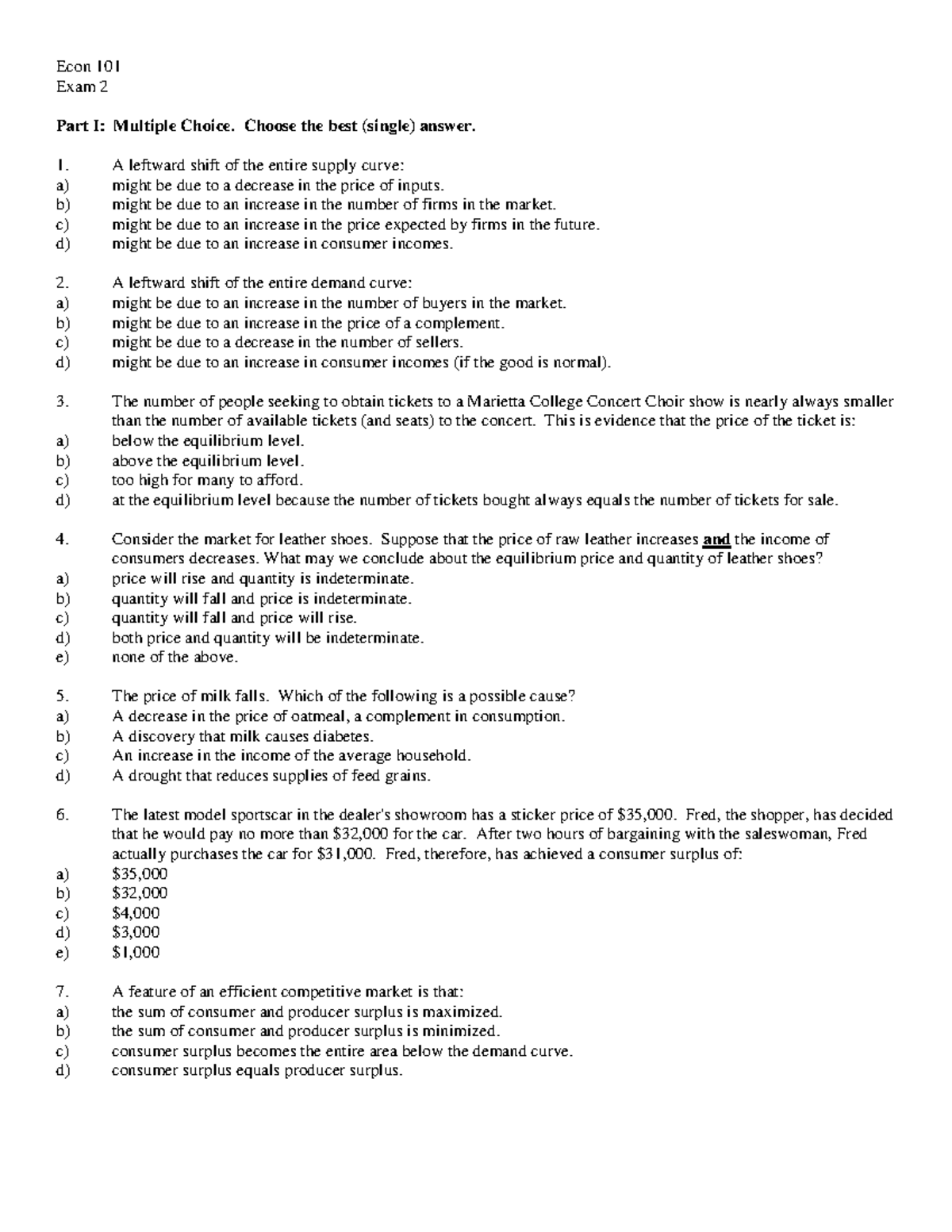 Econ 101 Sample Exam 2 - Practice Exam Questions and Answers - Studocu