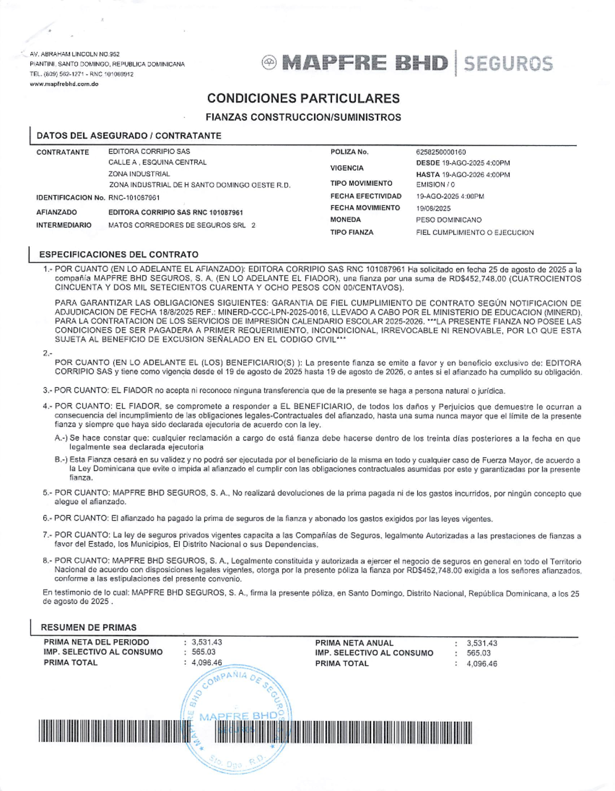 Fianza de Cumplimiento para Editora Corripio SAS - MAPFRE BHD - Studocu
