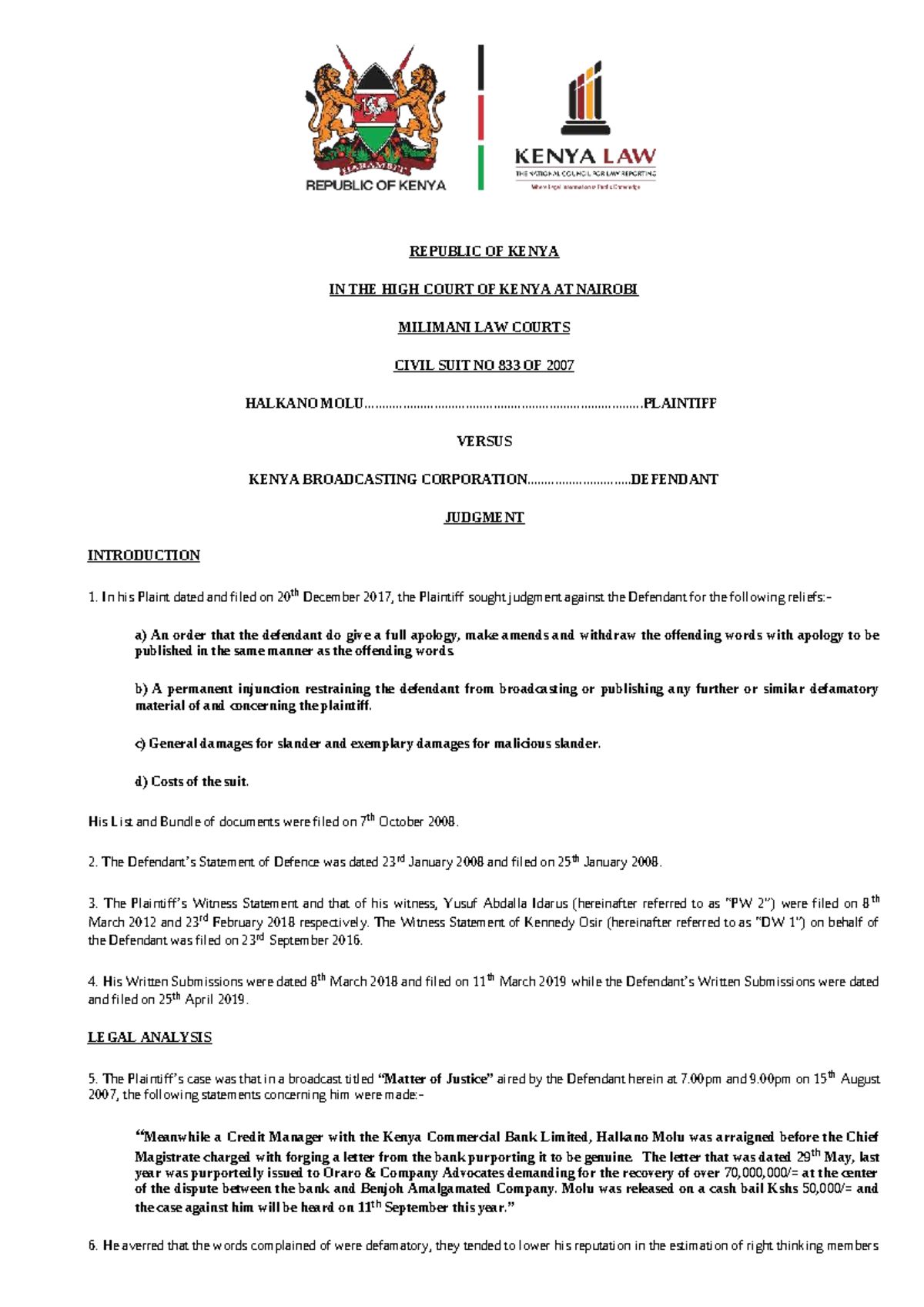 Halkano Molu v Kenya Broadcasting Corp: Judgment Analysis (Civil Suit ...