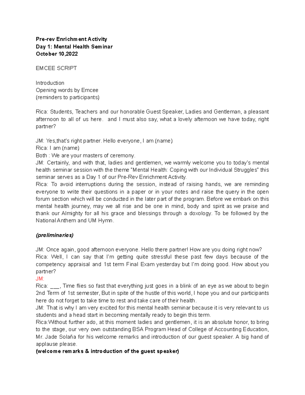 Mental Health Seminar Script: Day 1 of Pre-Rev Enrichment Activity ...