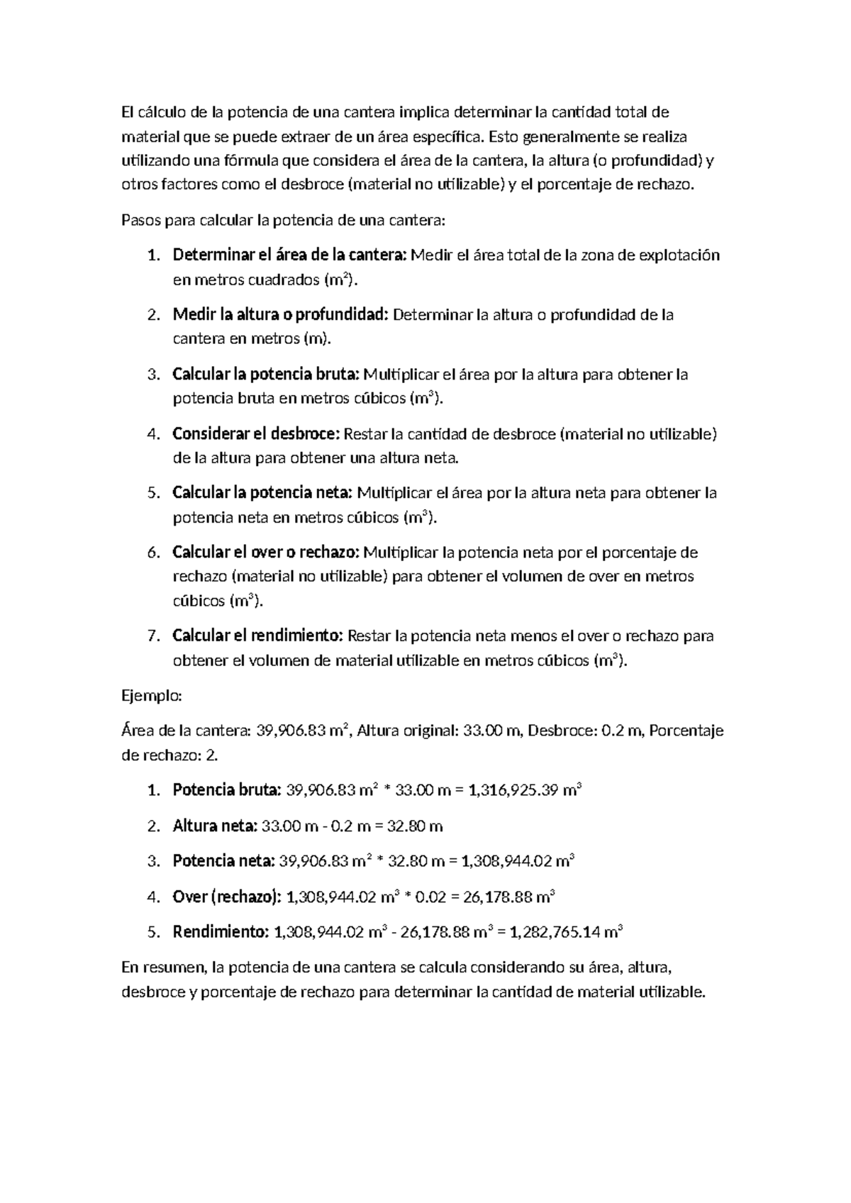 Cálculo de la Potencia de una Cantera: Guía Paso a Paso - Document Preview