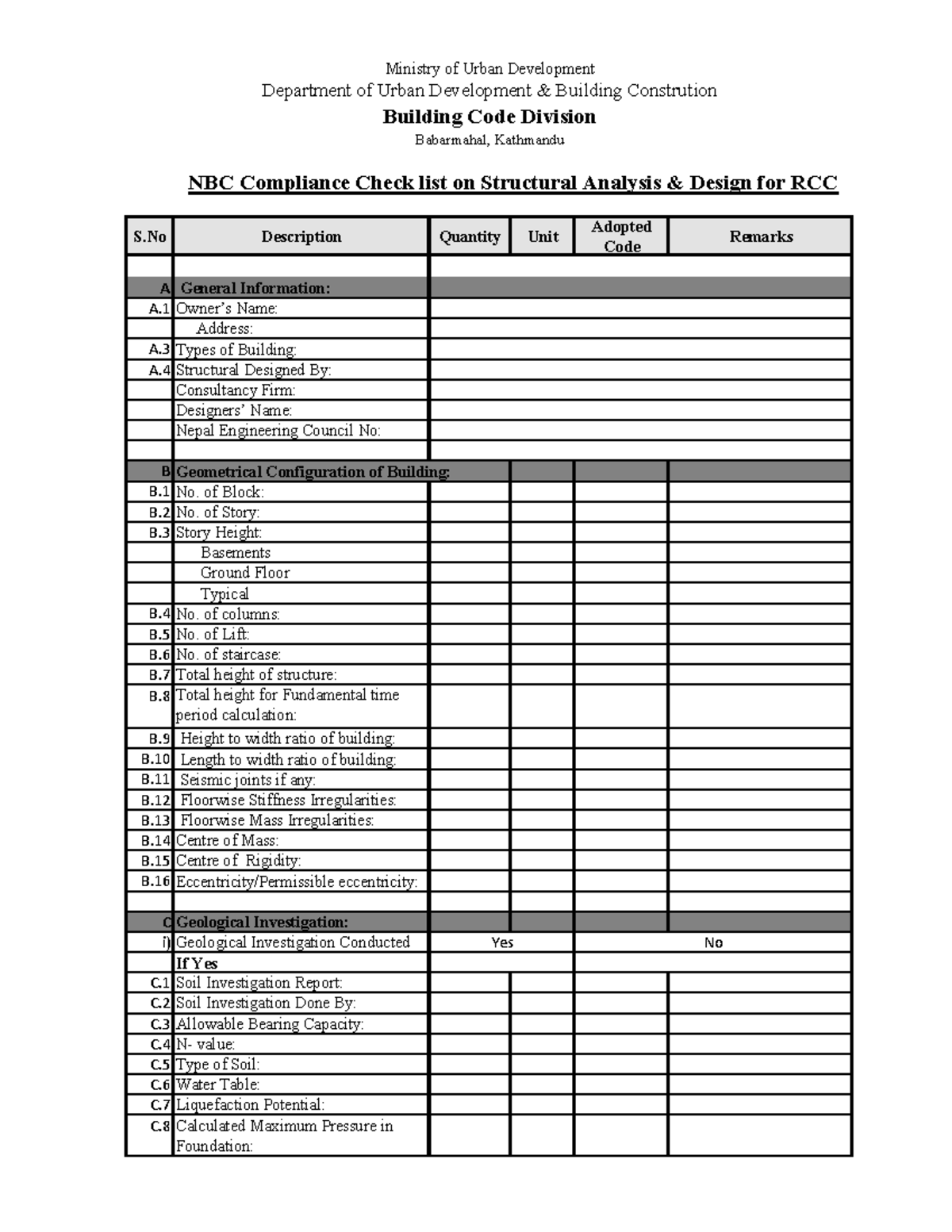 NBC Compliance Checklist for Structural Analysis Design of RCC - Studocu