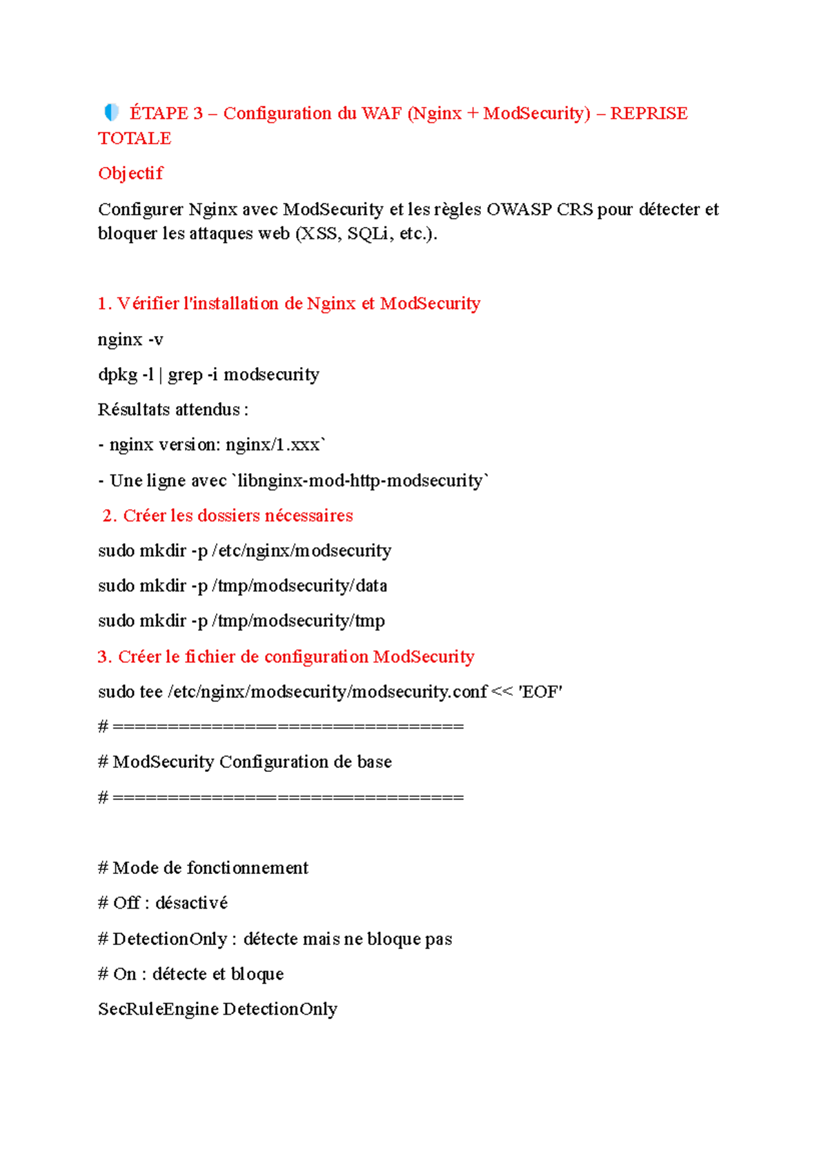 Étape 3 : Configuration du WAF avec Nginx et ModSecurity - Studocu