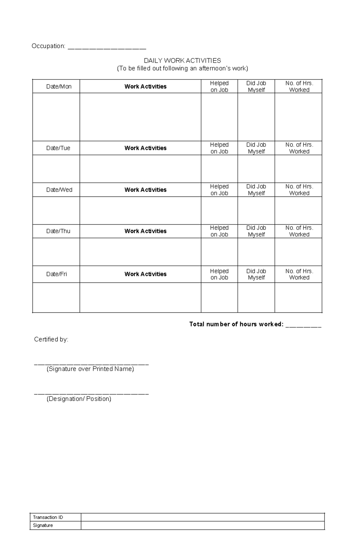 Daily report-week1 - Occupation: ______________________ DAILY WORK ...