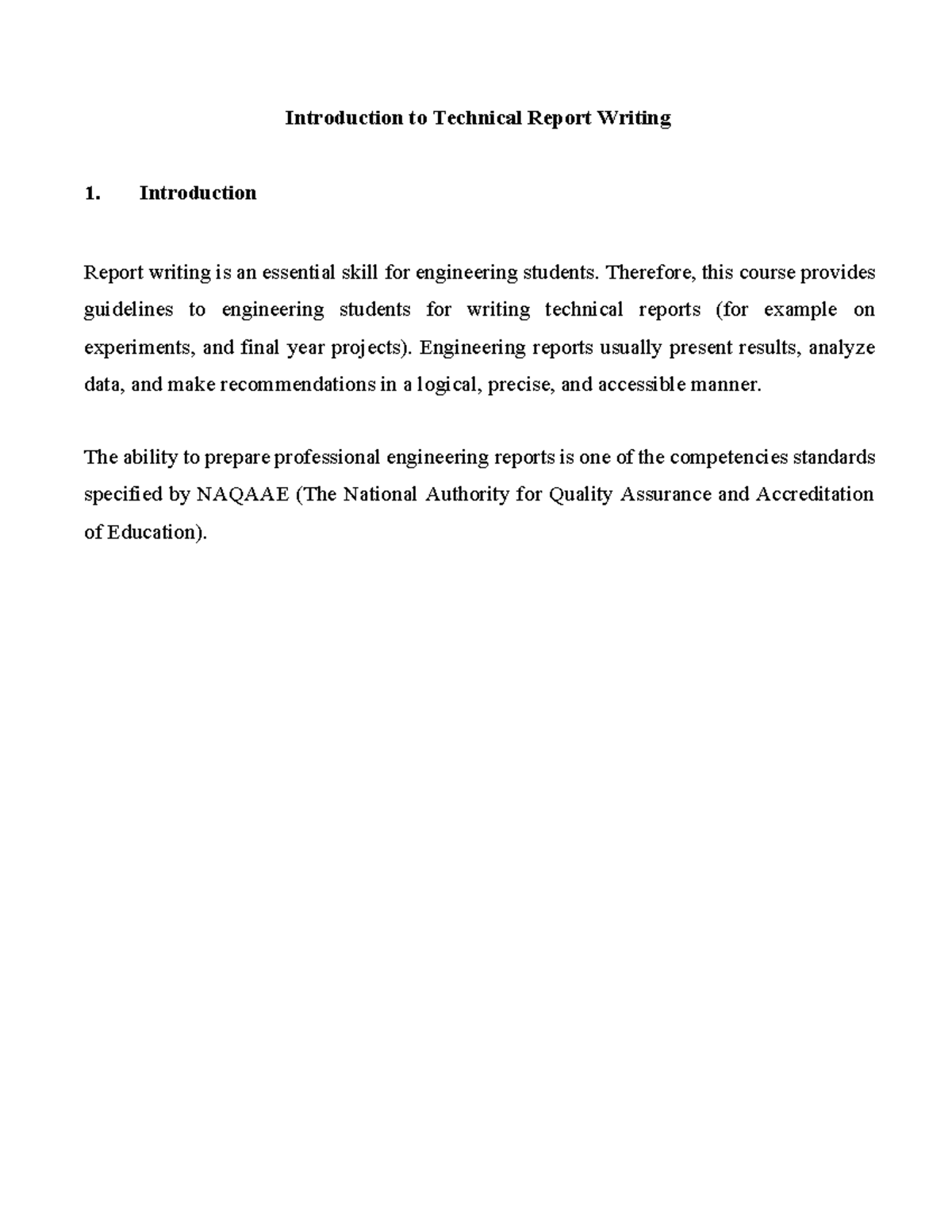 ENG 101: Introduction to Technical Report Writing Guide - Studocu