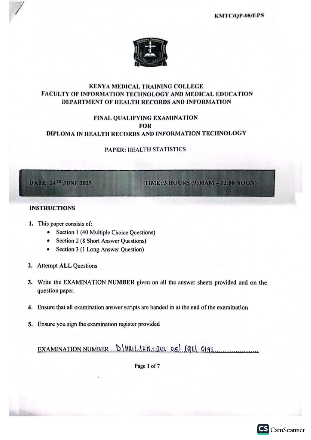 STAT FQE JUNE 2025: Health Statistics Exam Paper - Studocu