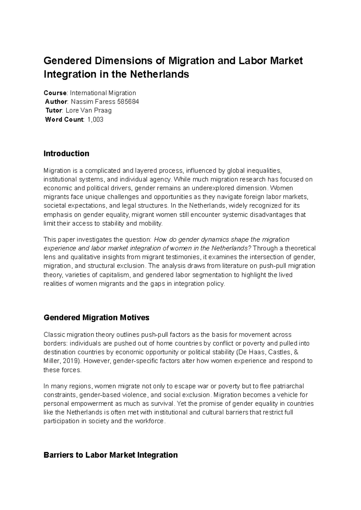 Gendered Migration and Labor Market Integration in the Netherlands ...