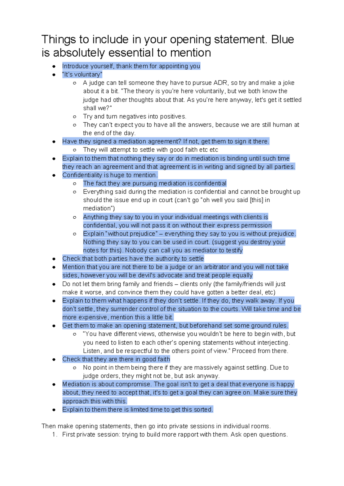 Mediation Checklist: Key Elements for Your Opening Statement - Studocu