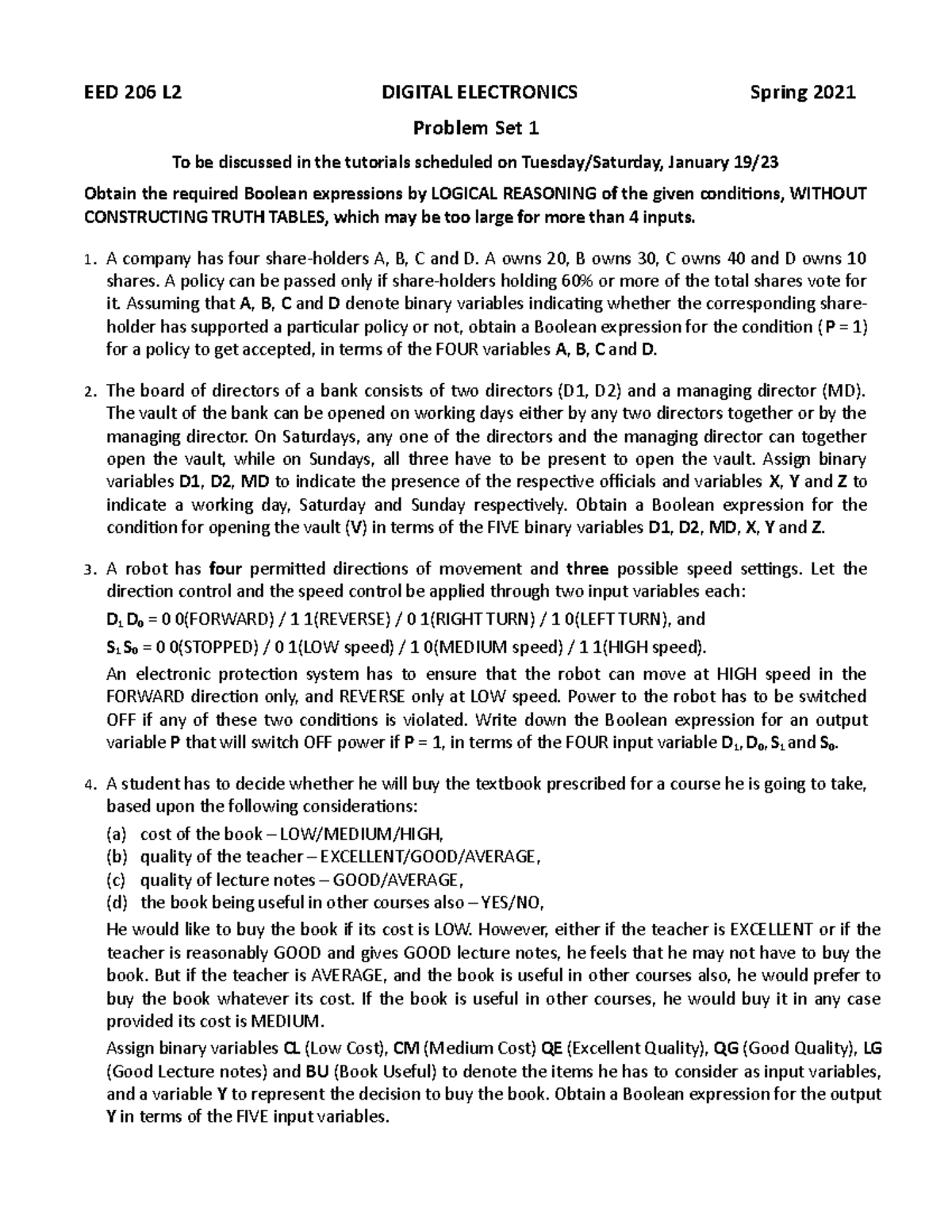 Problem Set 1 - Prob Set 1 - EED 206 L2 DIGITAL ELECTRONICS Spring 2021 ...
