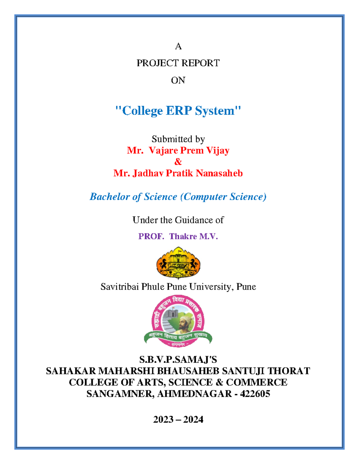 Project Report - College ERP System (B.Sc. CS) 2023-2024 - Studocu