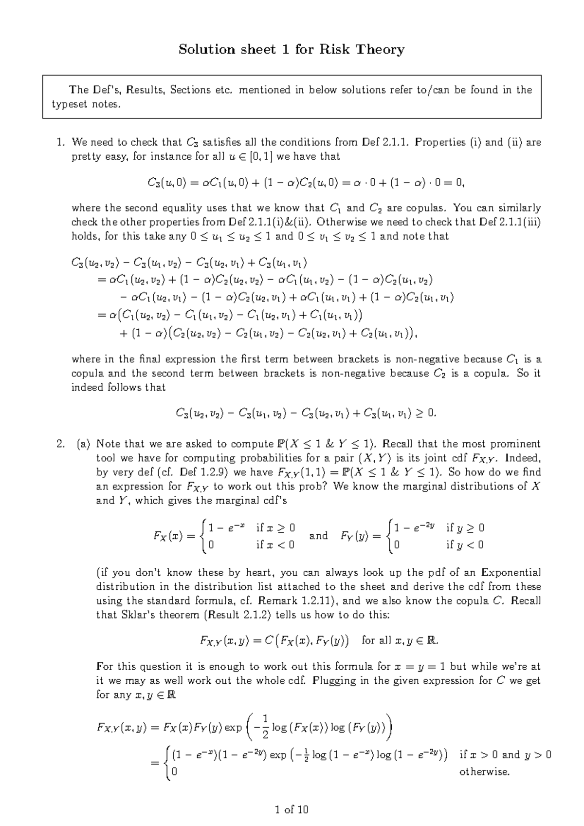 Solution Sheet 1 for Risk Theory: Analysis of Copulas and Probabilities ...