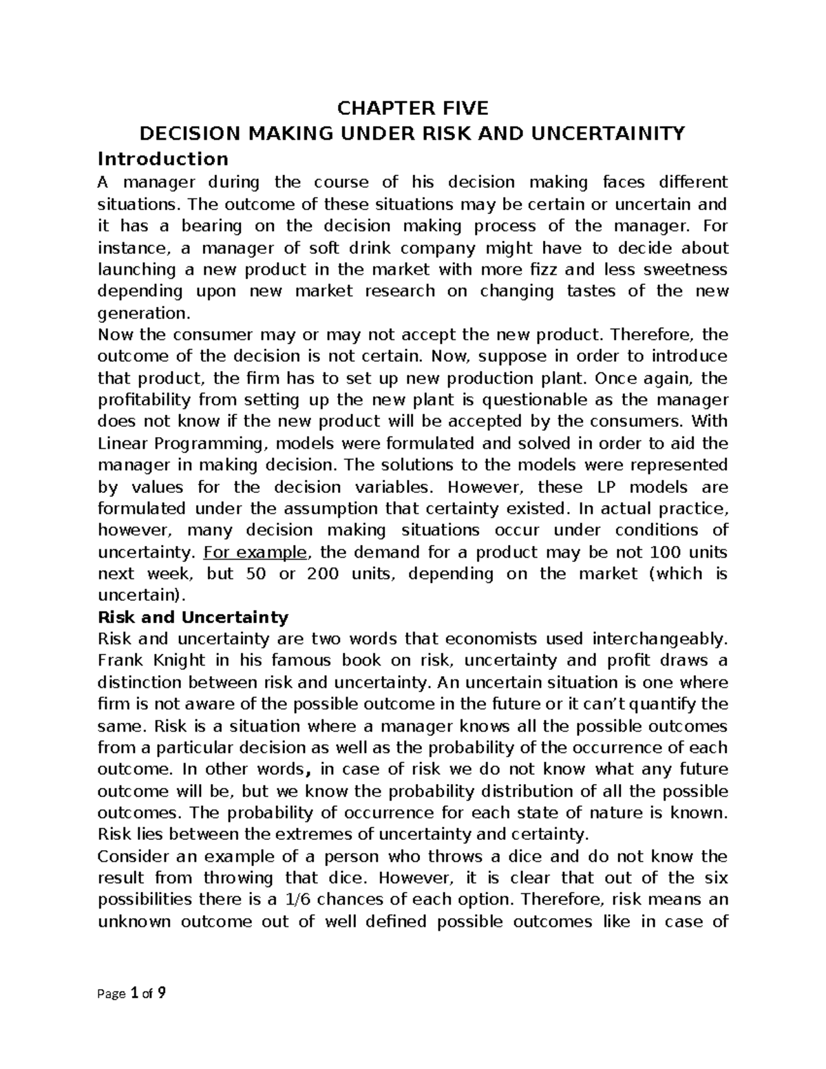 ME 5: Decision Making Under Risk and Uncertainty - Key Concepts - Studocu