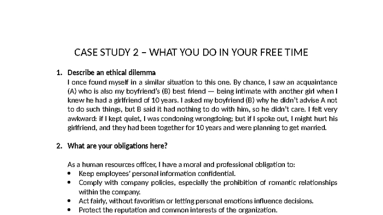 CASE STUDY 2: Ethical Dilemma in Personal Relationships - Studocu