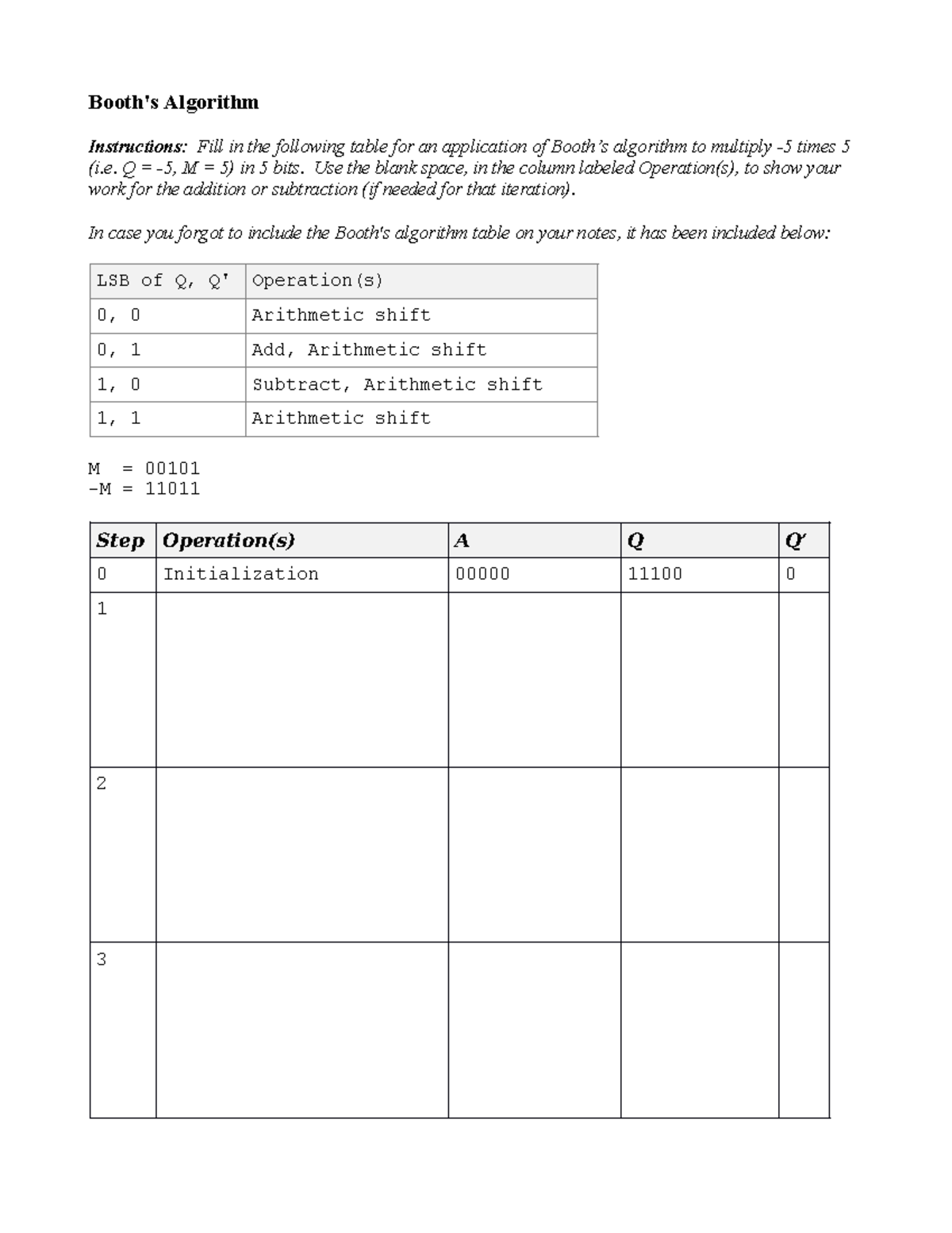 Booths Algorithm Practice - Booth's Algorithm Instructions: Fill in the ...