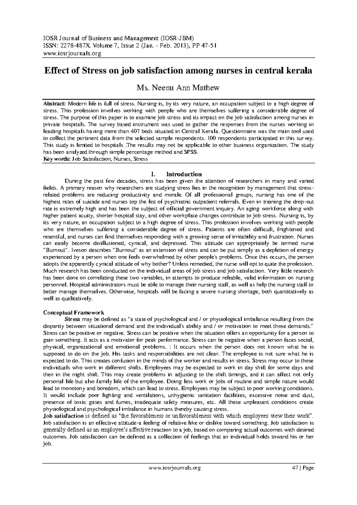 Effect of Stress on Job Satisfaction Among Nurses in Central Kerala ...