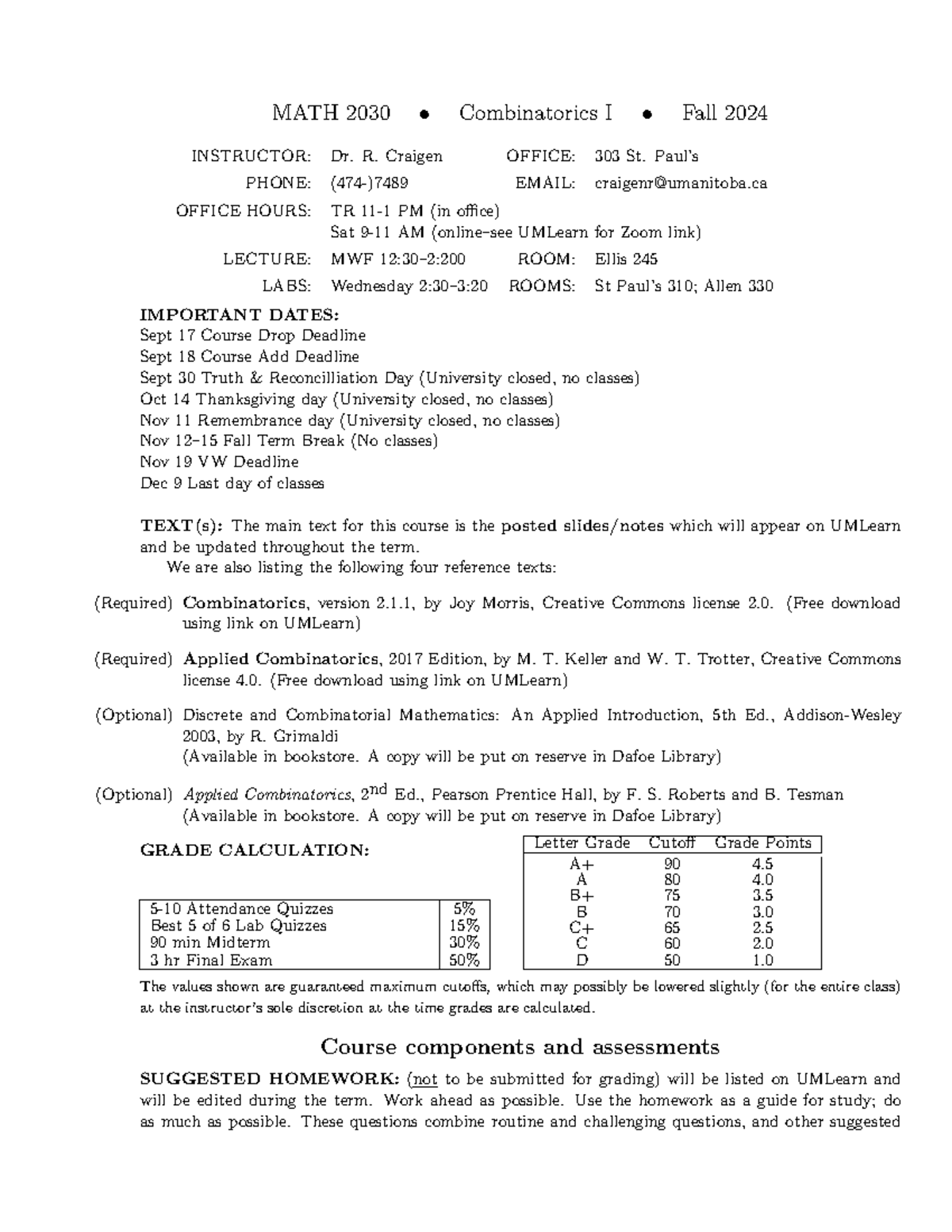 MATH 2030 Syllabus - Combinatorics I - Fall 2024 Course Info - Studocu