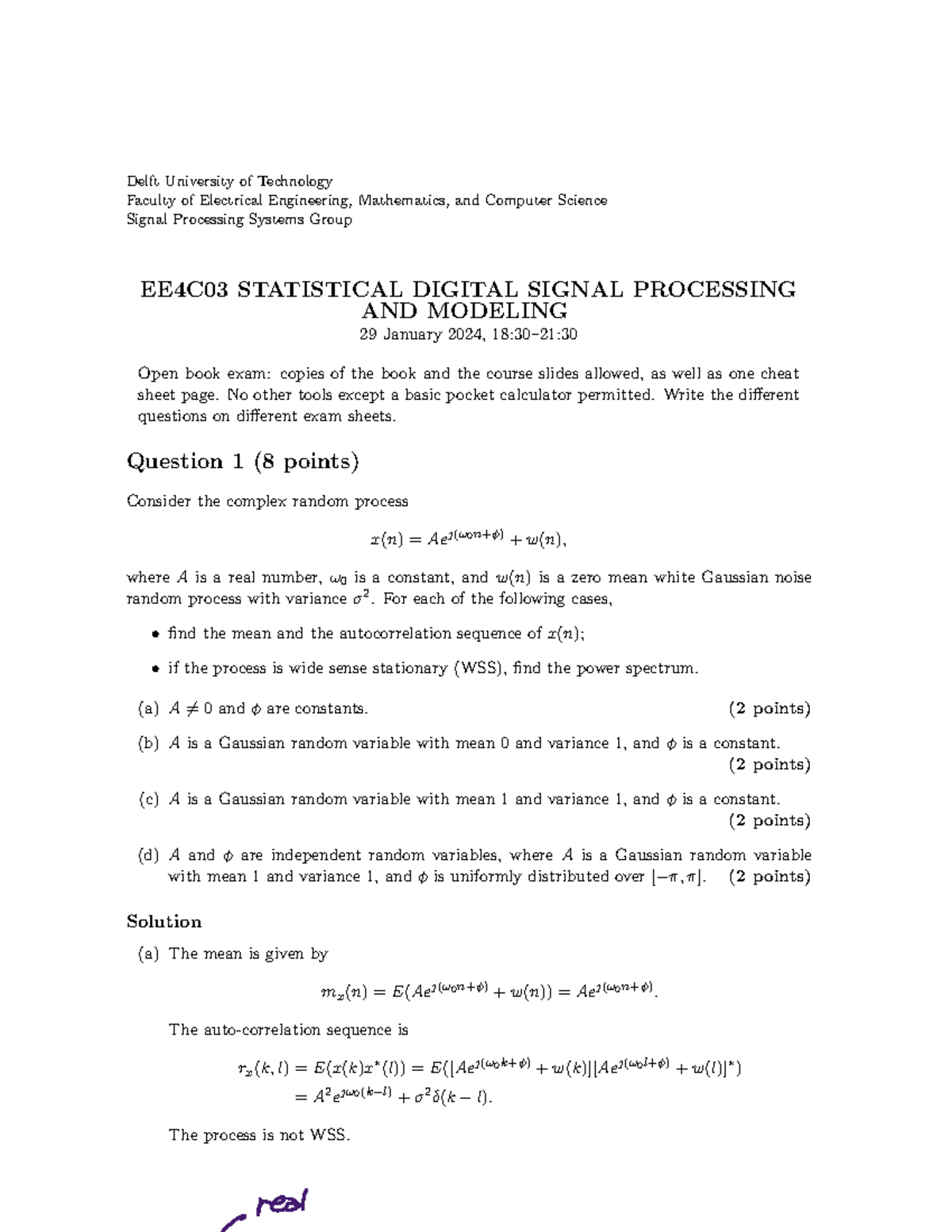 EE4C03 Final Exam Notes on Statistical Digital Signal Processing ...
