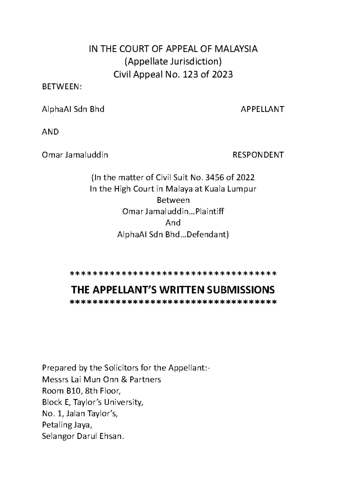 Civil Appeal No. 123 of 2023: Written Submissions by AlphaAI Sdn Bhd ...