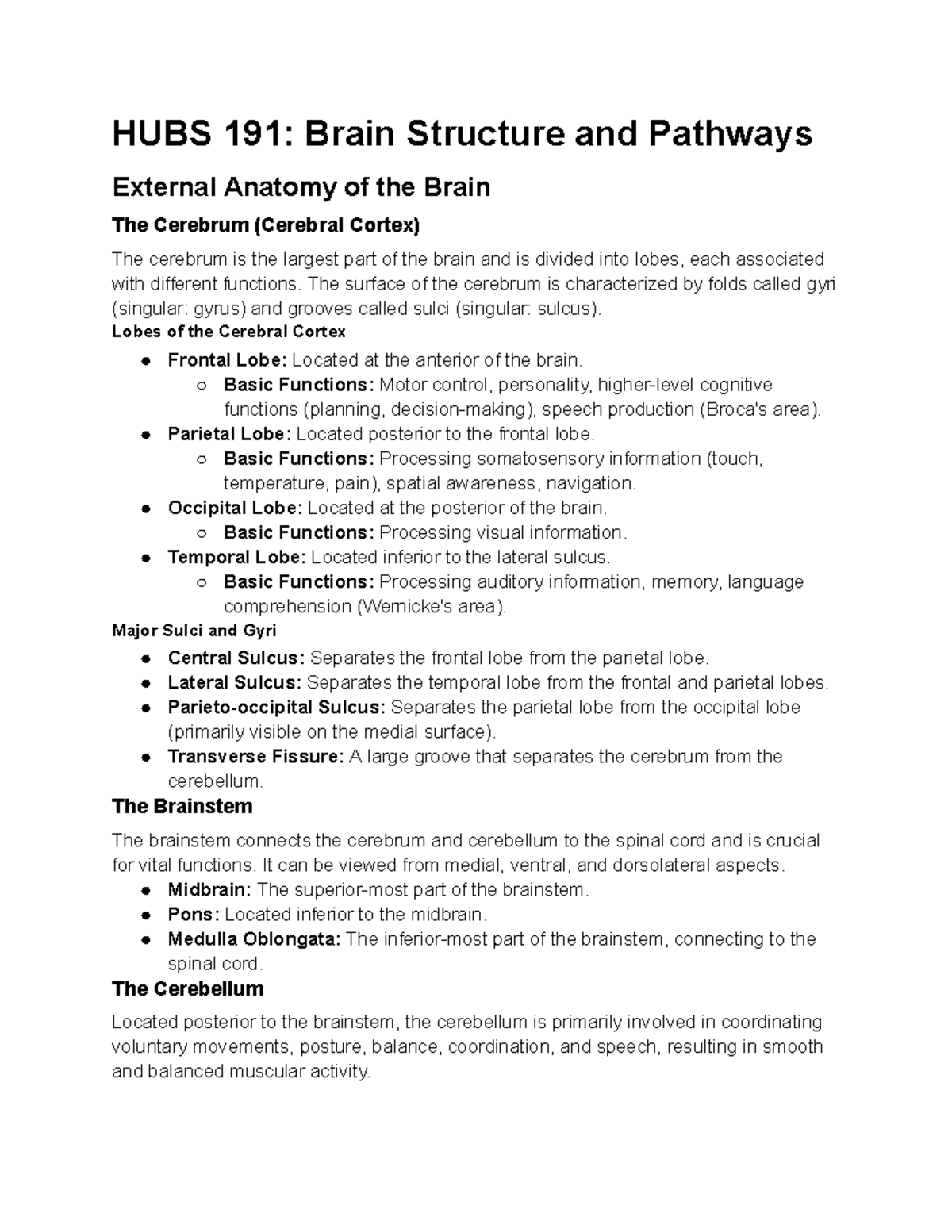 HUBS 191: Comprehensive Overview of Brain Structure and Pathways - Studocu