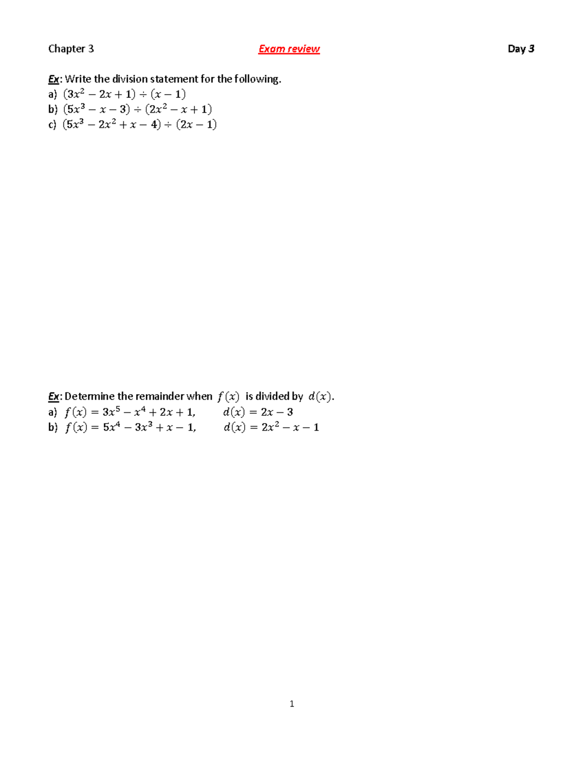 Chapter 3 Exam Review Continued: Division Statements & Remainders - Studocu