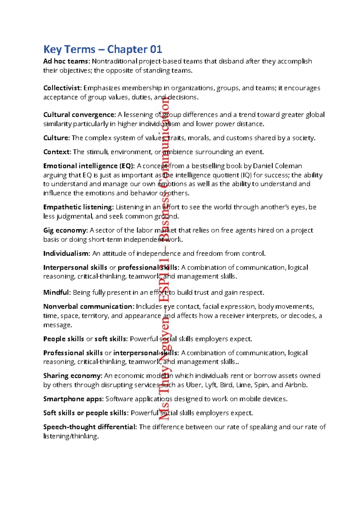 Key Terms for Chapters 1-5: Communication and Team Dynamics - Studocu