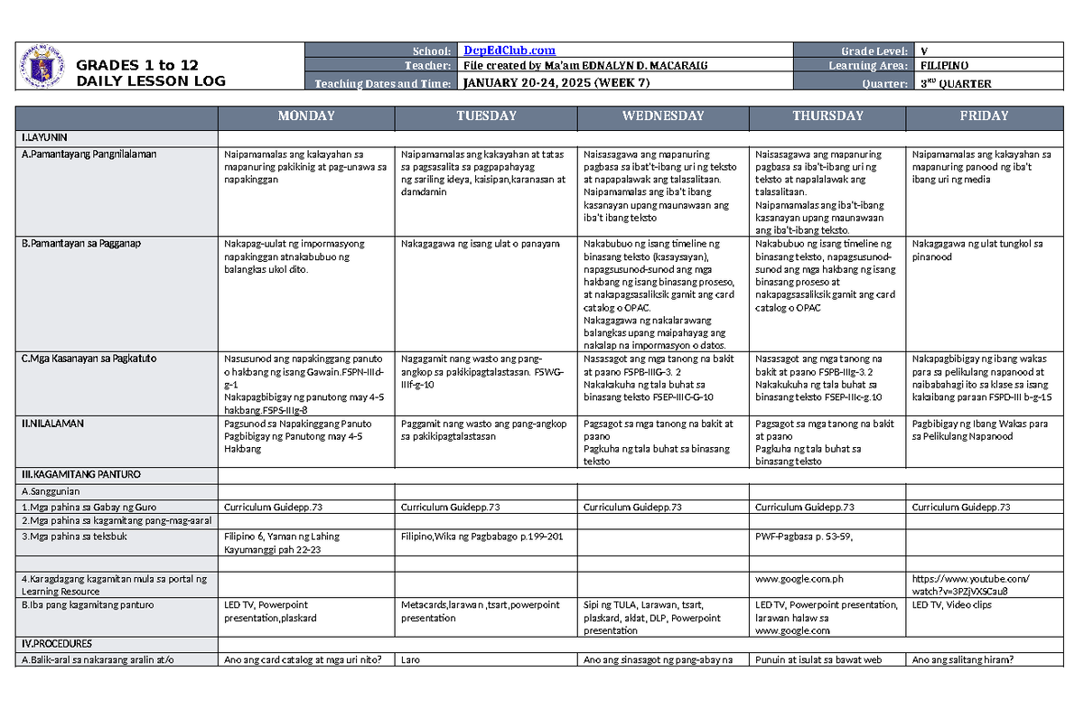 DLL Filipino 5 Q3 W7 - GRADES 1 to 12 DAILY LESSON LOG School ...