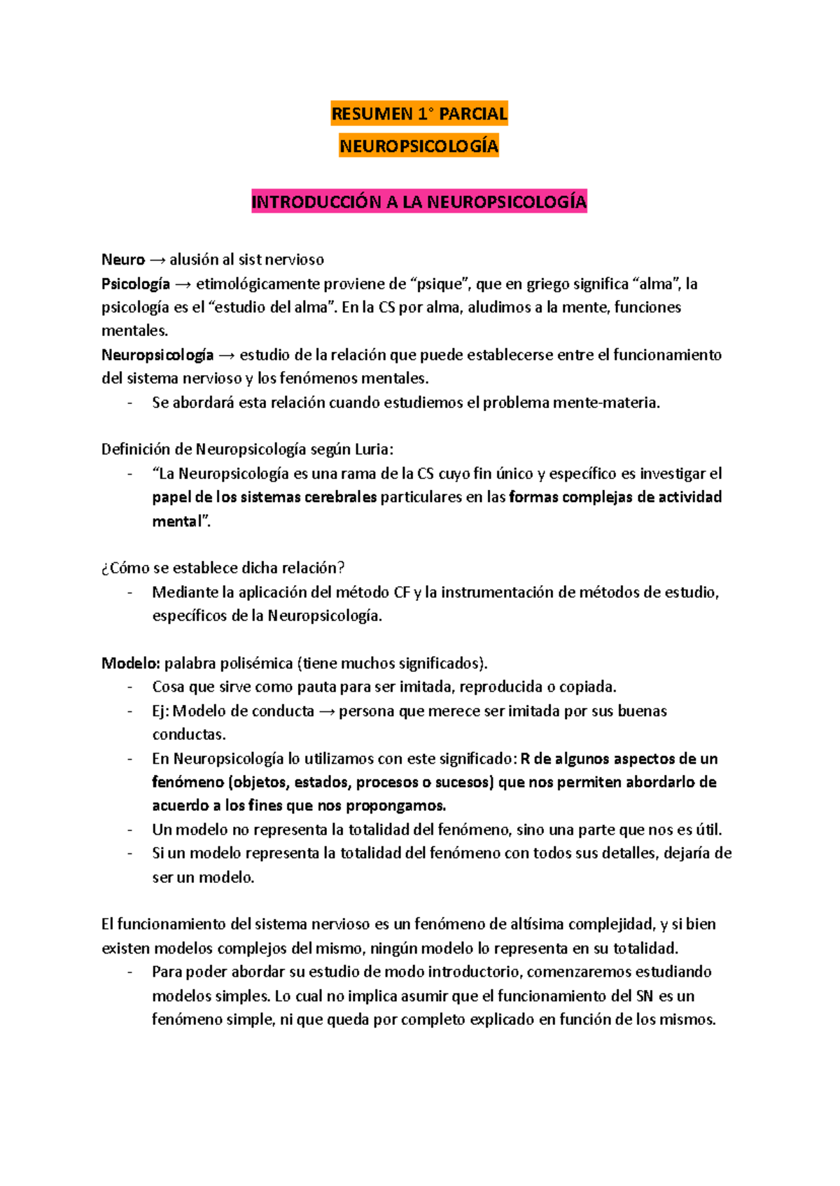 Neuropsicologia parcial 1 resumen - RESUMEN 1° PARCIAL NEUROPSICOLOGÍA ...