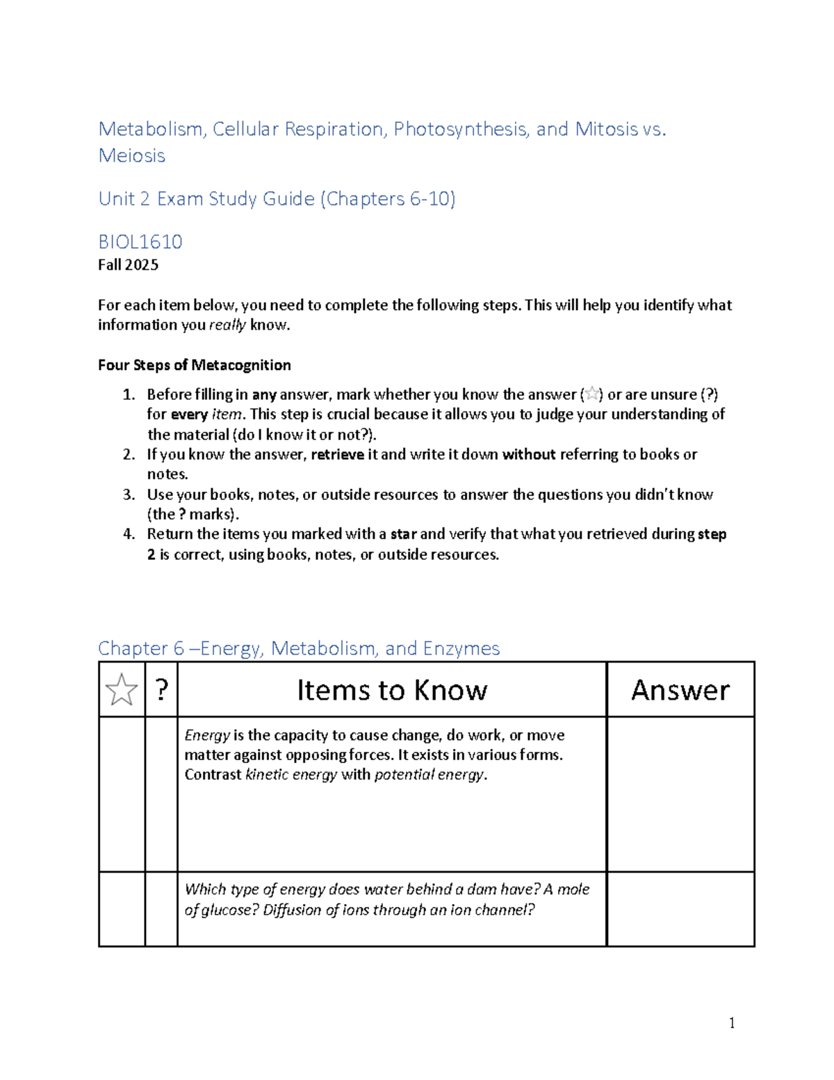 Unit 2 Exam Study Guide - BIOL1610 (Chapters 6-10) on Metabolism & Cell ...