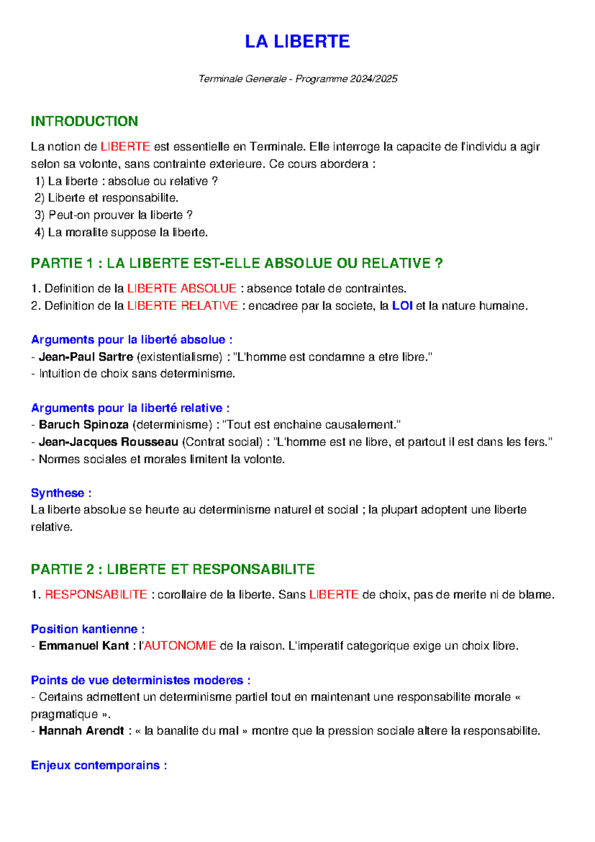 Cours de Philosophie : La Liberté en Terminale Générale - Studocu