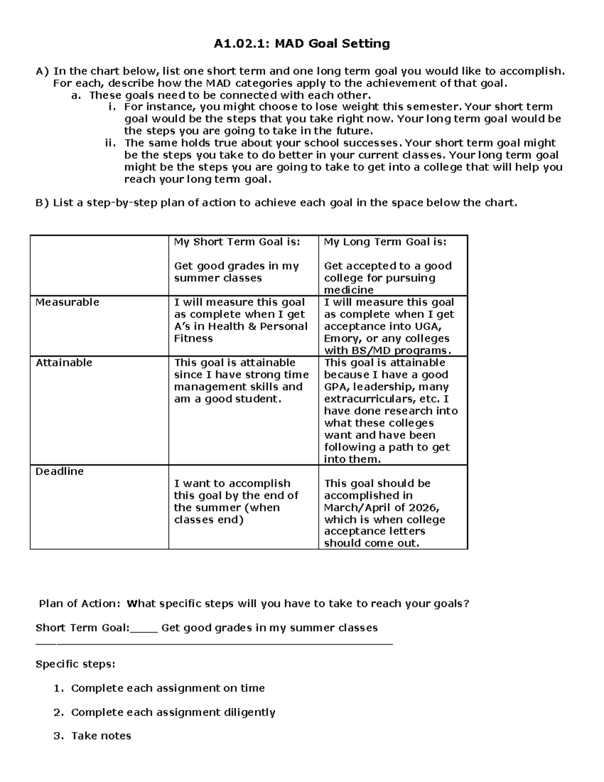 A1.02.1 MAD Goal Setting: Short & Long Term Plan for Success - Studocu