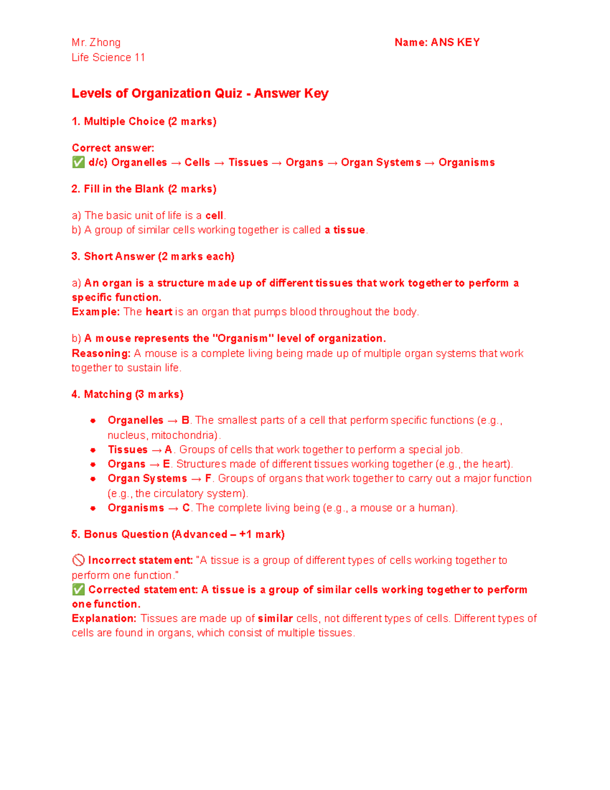 Life Science 11 - Levels of Organization Quiz Answer Key - Studocu