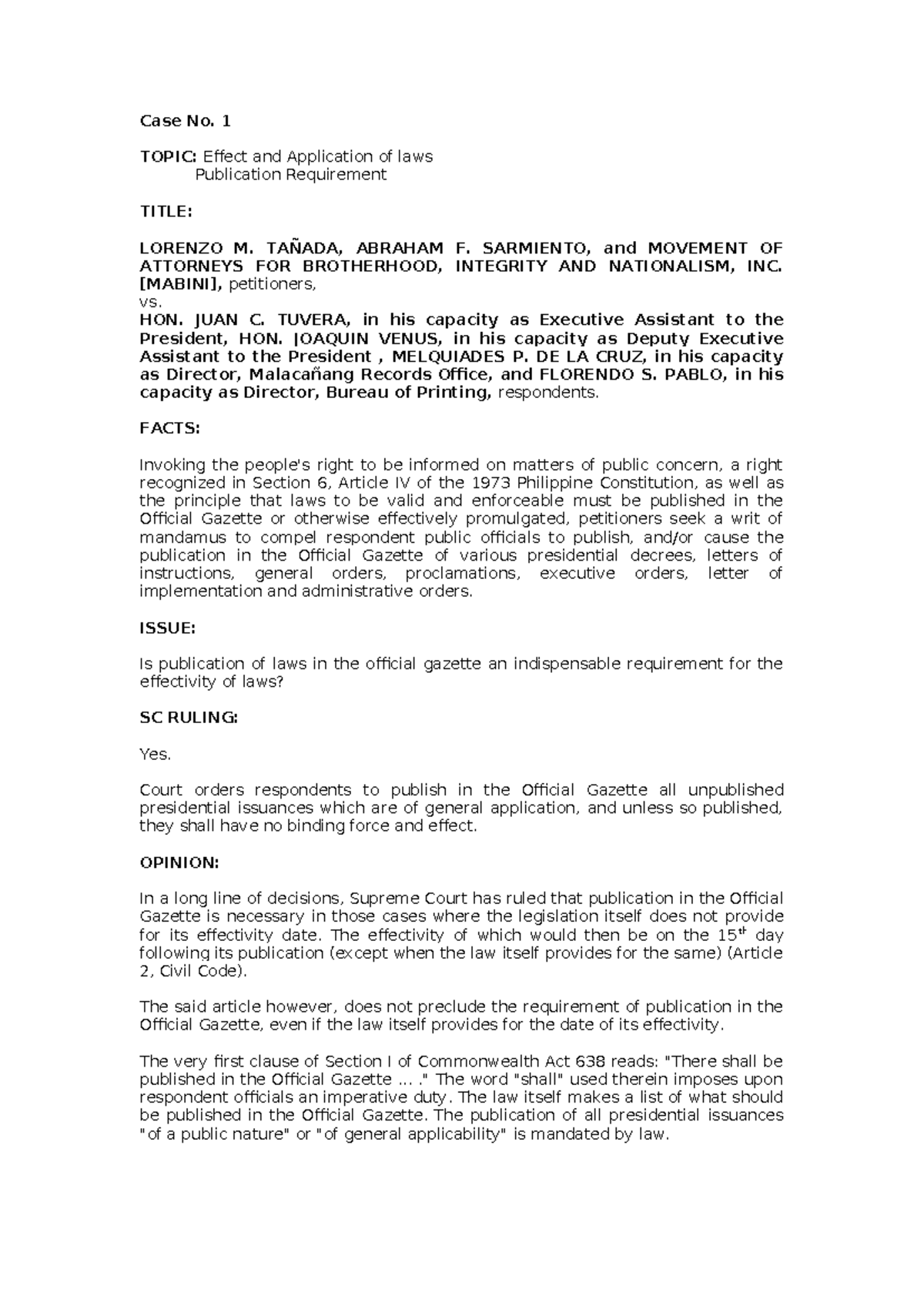 Case Digest - Batch 1: Effect and Application of Laws (Law 101) - Studocu