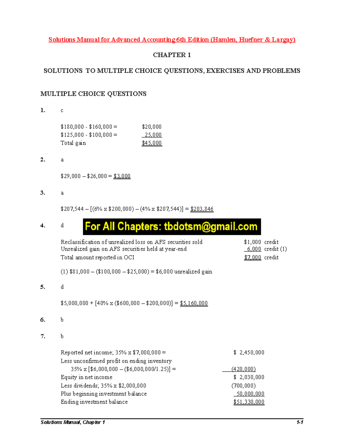 Solutions Manual for Advanced Accounting 6th Ed: Chapter 1 MCQ ...