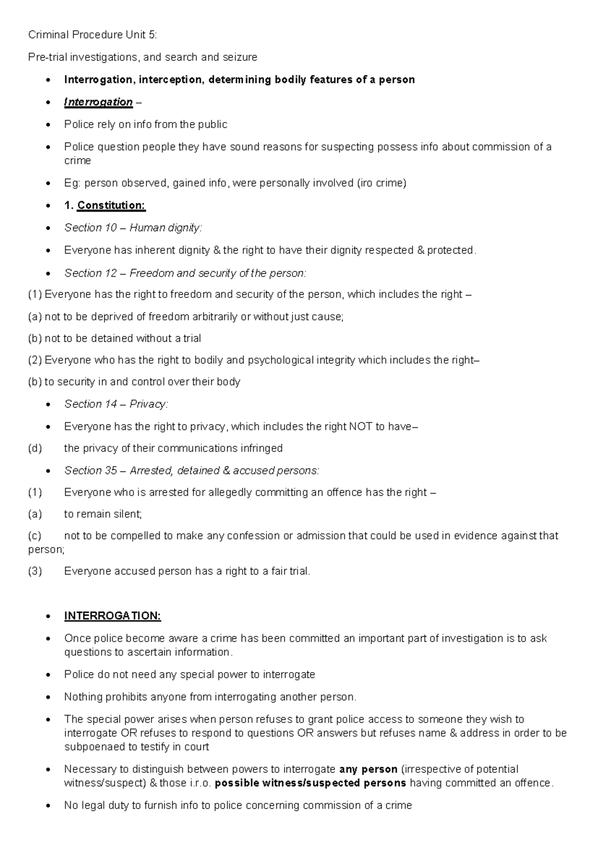 Criminal Procedure Unit 5: Investigations, Interrogation & Search ...