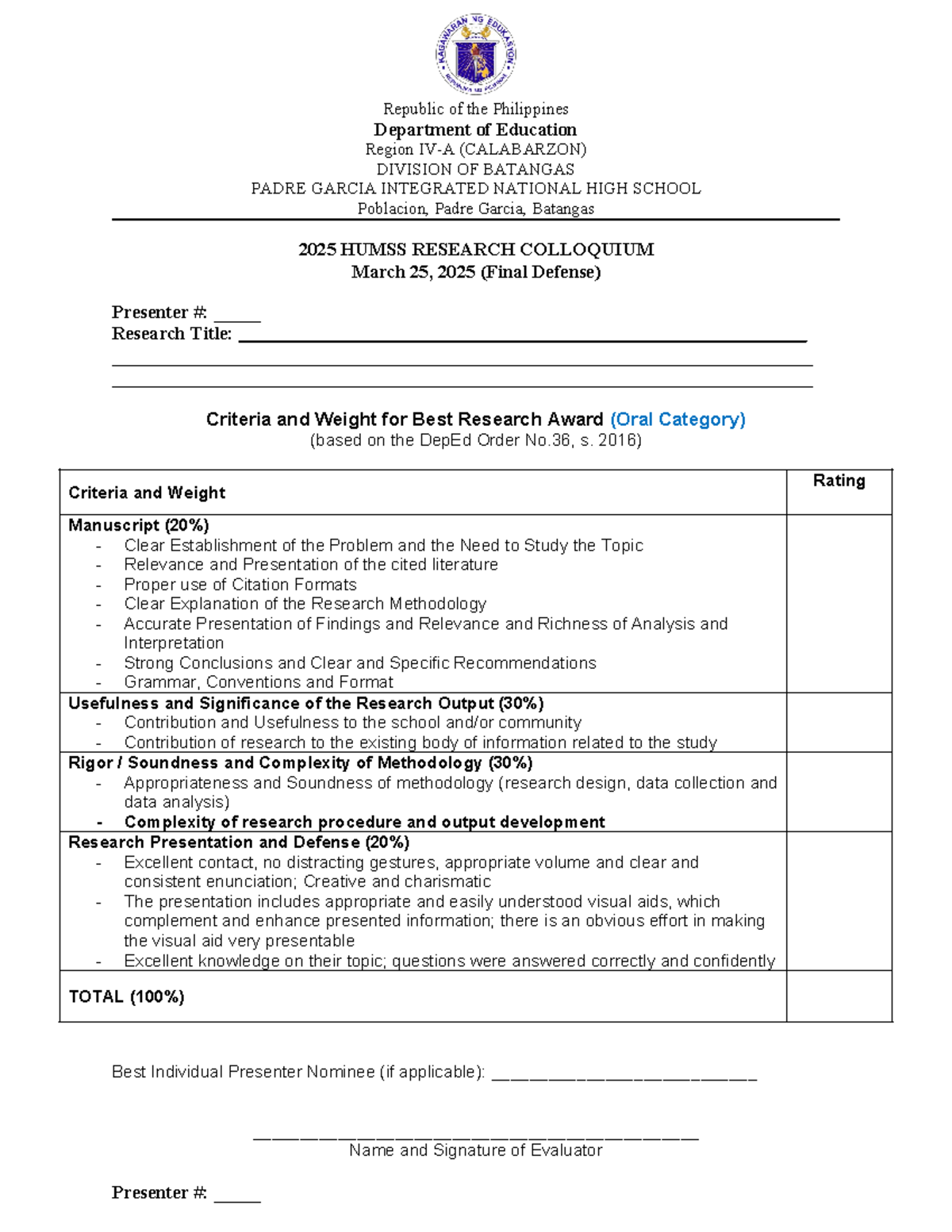 2025 HUMSS Research Colloquium - Final Defense Rubric Guide - Studocu