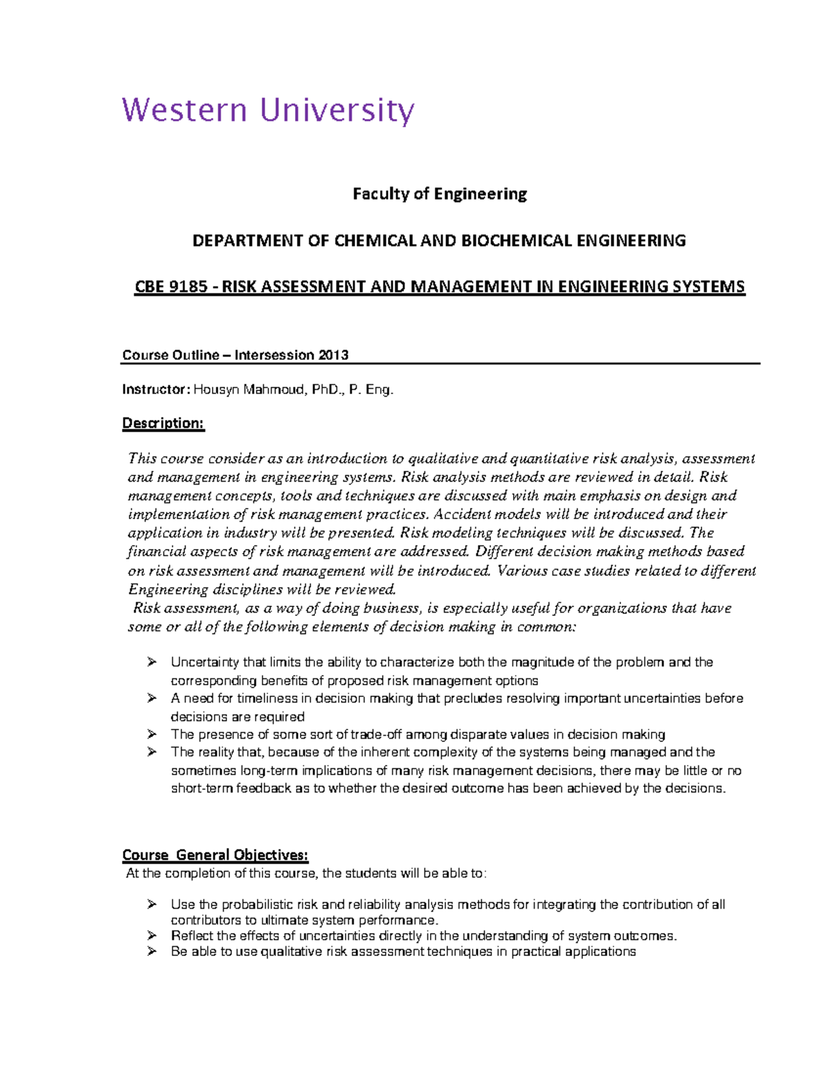 CBE 9185 Risk Assessment & Management in Engineering Systems - Course ...