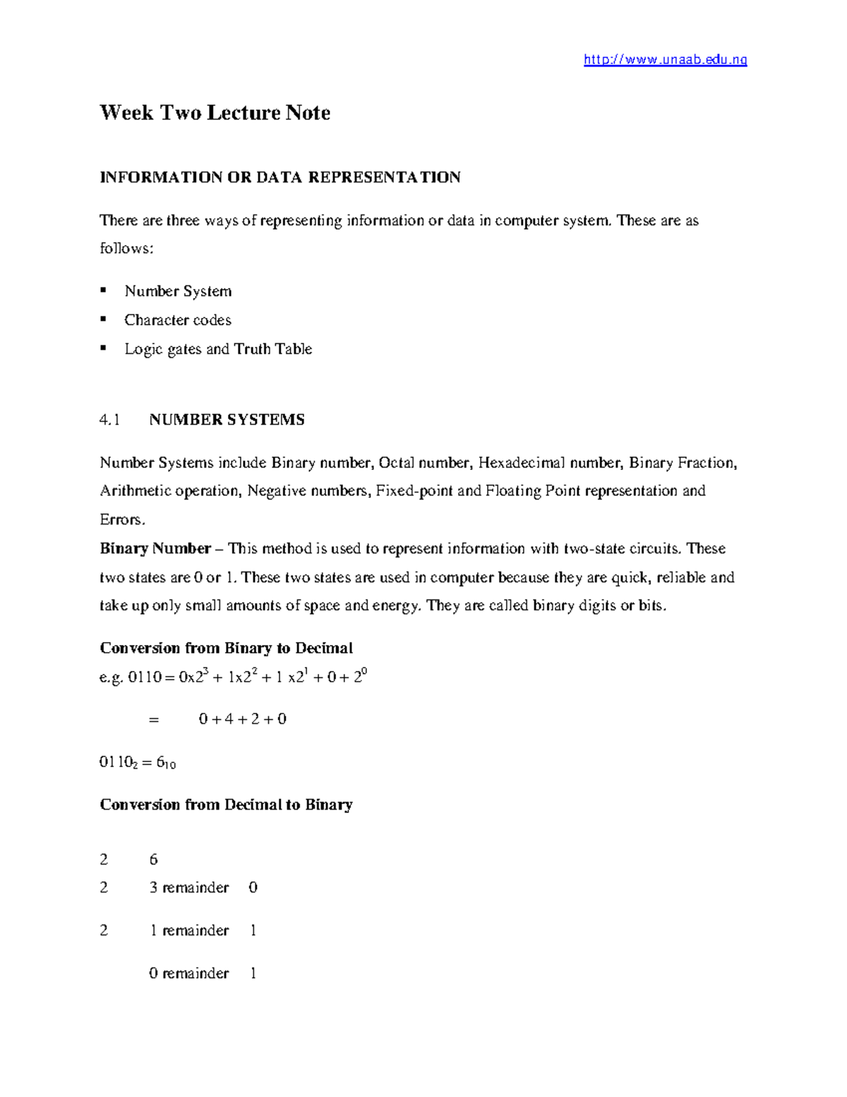 1538 CSC 201 Week 2 Lecture Notes on Data Representation - Studocu