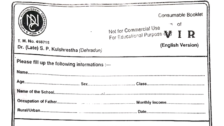 VIR - Vocational Interest Record for Educational Purpose - Studocu