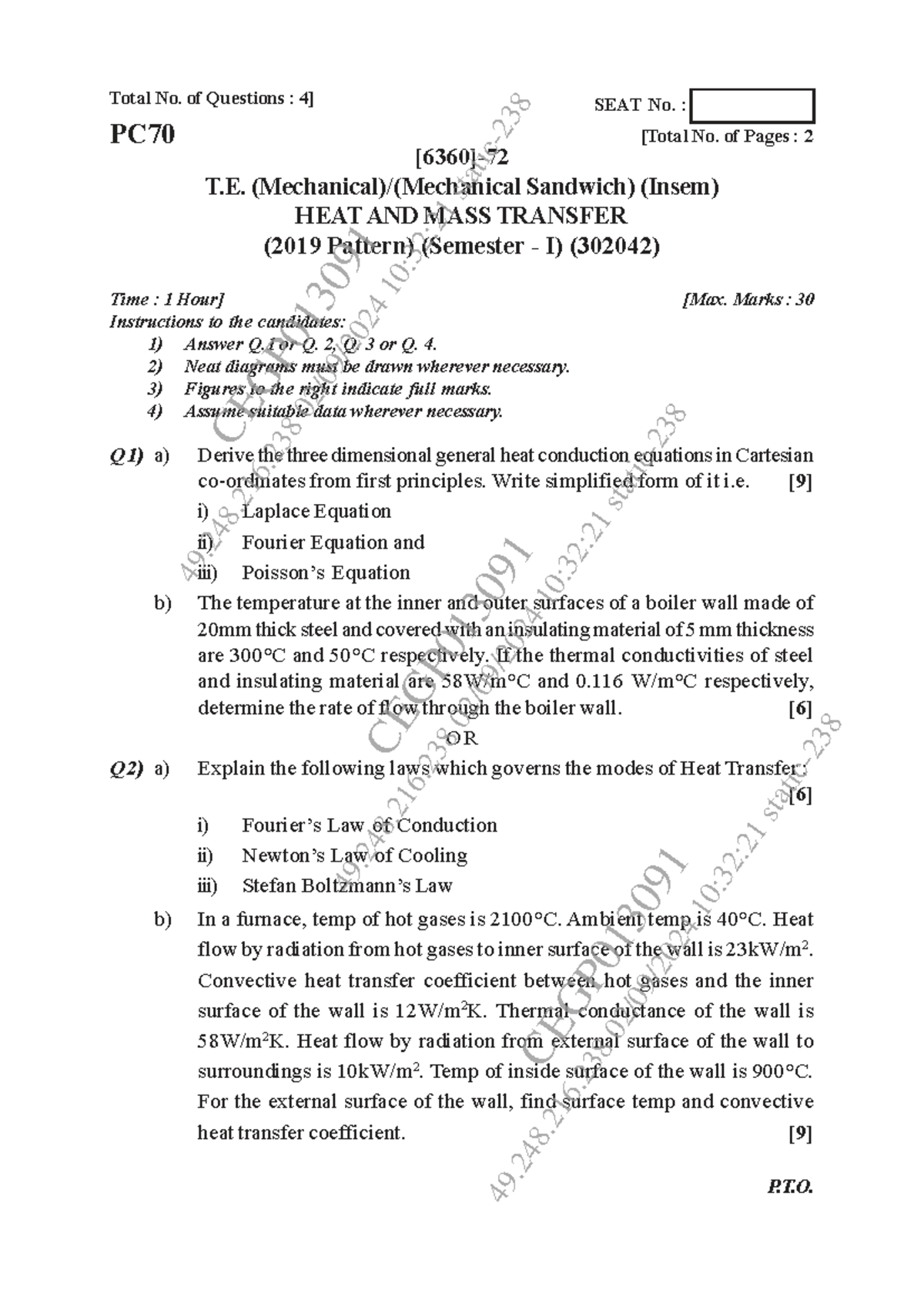 Heat and Mass Transfer (302042) Insem Exam Paper - Sep 2024 - Studocu