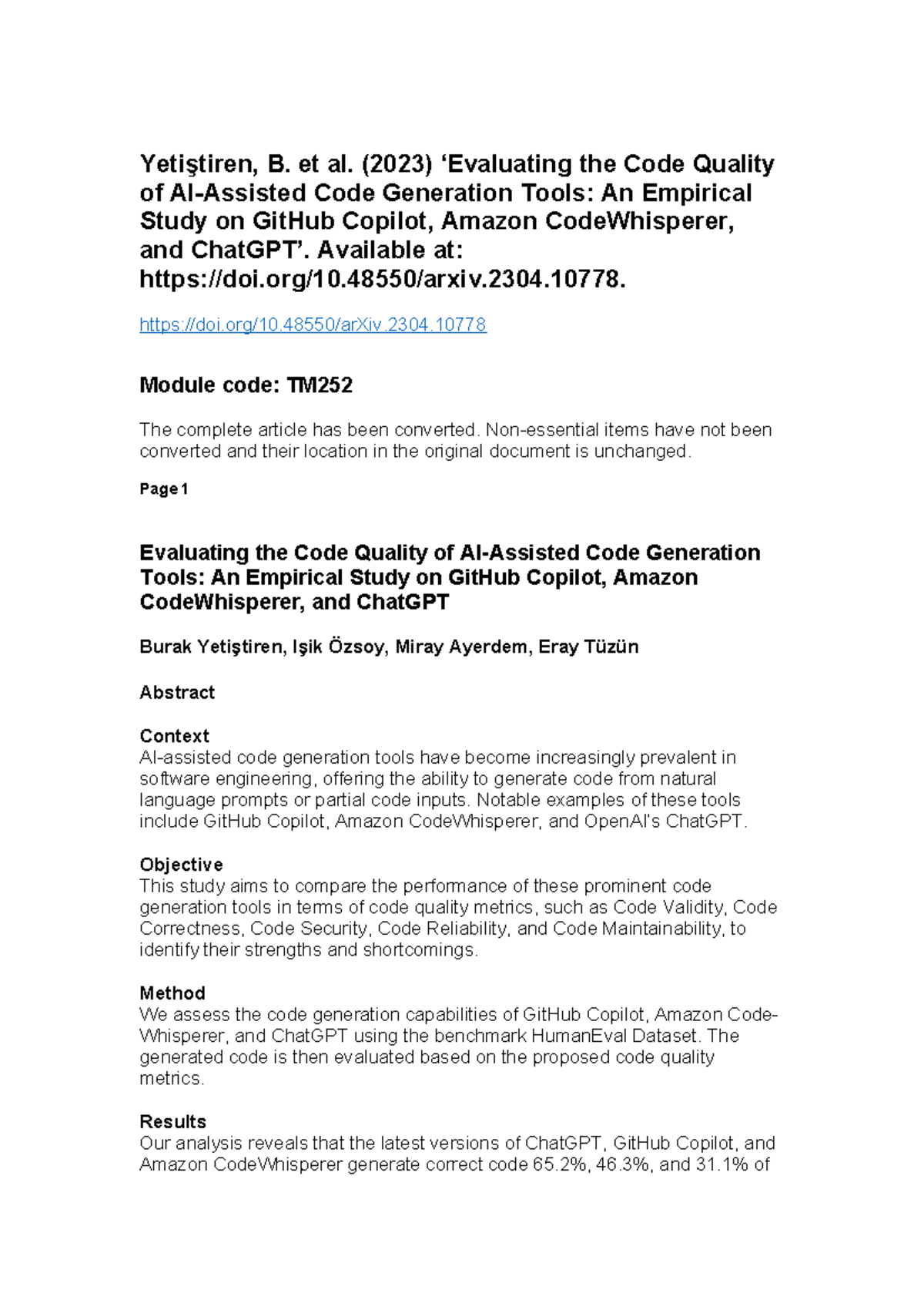 TM252 Evaluating Code Quality of Generation Tools: GitHub Copilot ...