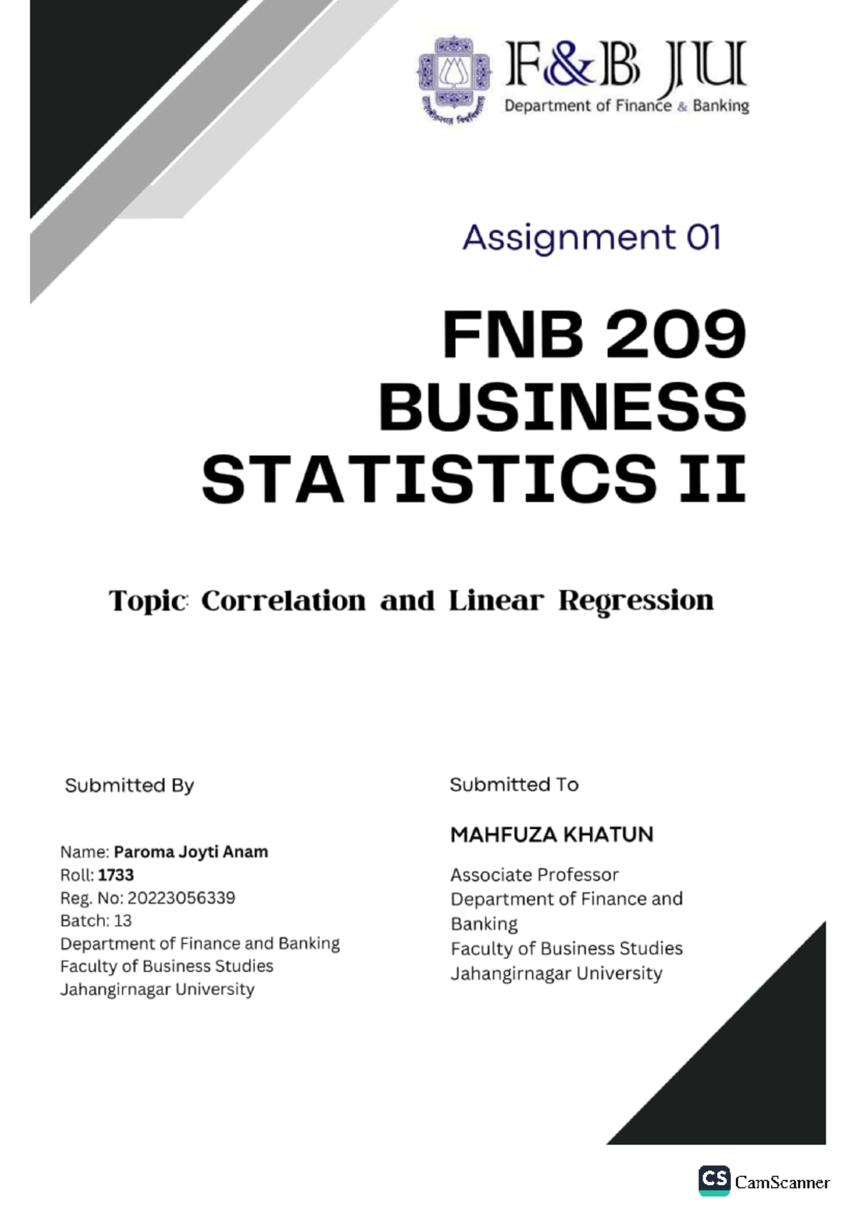 FNB 209 Business Statistics II: Correlation & Linear Regression ...